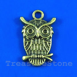 Pendant/charm, brass-finished, 15x20mm owl. Pkg of 8.