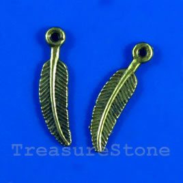Pendant/charm, brass-finished, 5x18mm feather. Pkg of 12