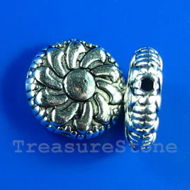 Bead, silver-finished, 12x4mm flat round. Pkg of 8.