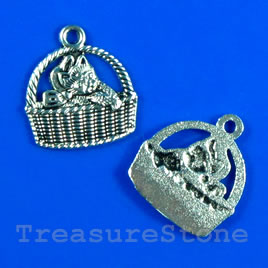 Pendant/charm, silver-finished, 15x16mm, cat in basket. 12