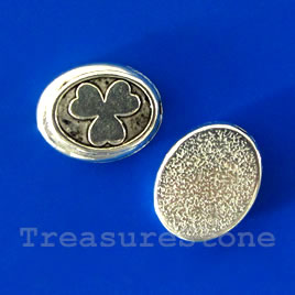 Bead, silver-finished, 12x9x3mm flat oval, flower. Pkg of 8.