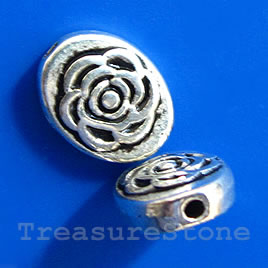 Bead, silver-finished, 8x10x3mm flat oval, flower. Pkg of 12.