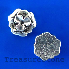 Bead, silver-finished, 10x4mm flat round, flower. Pkg of 10