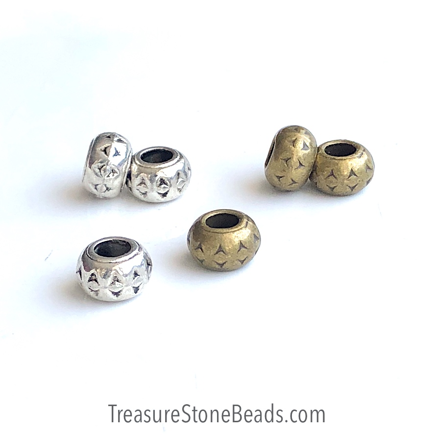 Bead, silver, 6x10mm rondelle spacer, large hole, 4.5mm. 10pcs