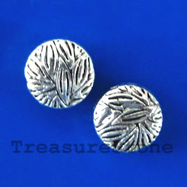 Bead, silver-finished, 10x4mm puffed round. Pkg of 10