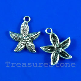Pendant/charm, silver-finished,19mm starfish. Pkg of 6.