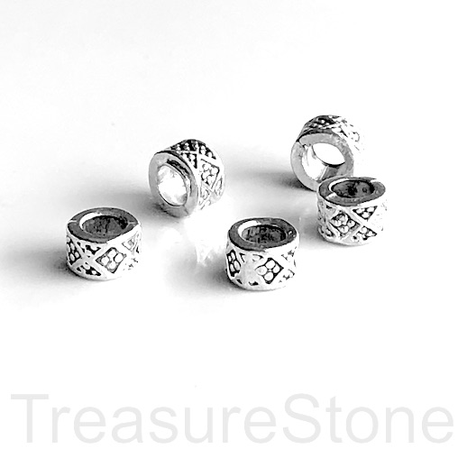 Bead, silver Finished, 5x8mm tube spacer, large hole, 4mm. 12pcs