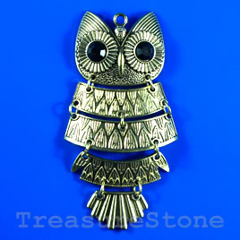 Pendant/charm, brass-finished, 41x92mm owl. Sold individually.