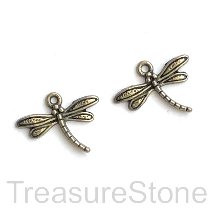 Charm/Pendant, brass-finished, 12x18mm dragonfly. Pkg of 12.