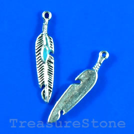 Pendant/charm, silver-finished,6x20mm feather, blue. Pkg of 12