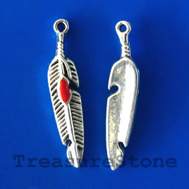 Pendant/charm, silver-finished,6x20mm feather, red. Pkg of 12