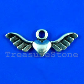 Pendant/charm, 10x28mm angel wings with heart. Pkg of 14.