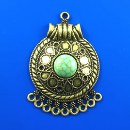 Pendant/connector, brass-finished, turquoise, 40x48mm. Each.