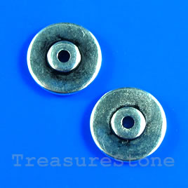 Bead, silver-finished, 12x2mm flat round. Pkg of 15.