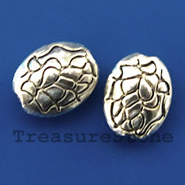 Bead, silver-finished, 8x10mm puffed oval. Pkg of 15.