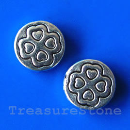 Bead,silver, 10mm flat round, 4 leaf clover, shamrock, hearts.10 - Click Image to Close