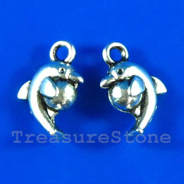 Pendant/charm, silver-finished, 10x12mm dolphin. Pkg of 14.