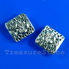 Bead, antiqued silver-finished, 10mm puffed square, flower, 10pc