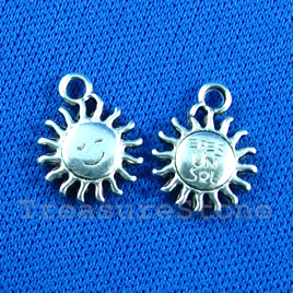 Pendant/charm, silver-finished, 12mm happy sun. Pkg of 12.