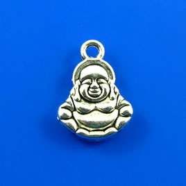 Charm, silver-finished, 14x15mm laughing buddha. Pkg of 5.