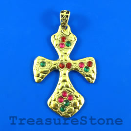 Pendant, gold-finished, 62mm cross with crystals. Each.