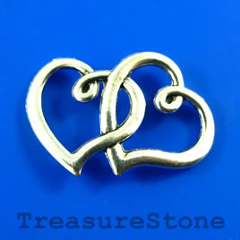 Pendant/link, silver-finished, 25x35mm double heart. Pkg of 4.