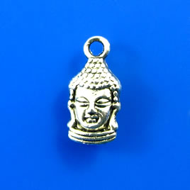 Charm,silver-finished, 8x14mm buddha head. Pkg of 10.