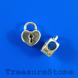 charm/bead, 10x13mm heart lock, large hole. Pkg of 5.