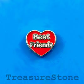 Floating charm, silver-finished,10x9mm heart "Best Friends".10pc