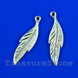 Pendant/charm, silver-finished,9x30mm feather. Pkg of 7.