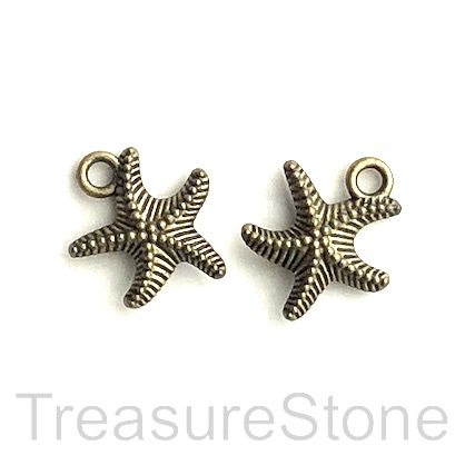 Charm/pendant, brass-plated, 15mm starfish. Pkg of 12.