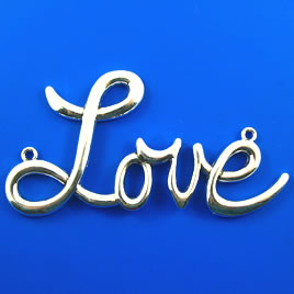Pendant/connector, silver-finished, 100mm "Love". Each.