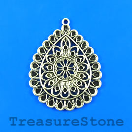 Pendant, silver-finished, 38x44mm filigree drop. each