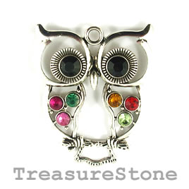 Pendant, 42x54mm filigree owl with crystals. Each.