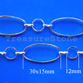 Chain,brass,rhodium-finished,15x30/12mm. Sold per pkg of 1 meter