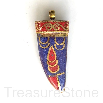 Pendant,Tibetan Inlay, Mosaic,brass,22x45mm tusk, horn,tooth.ea