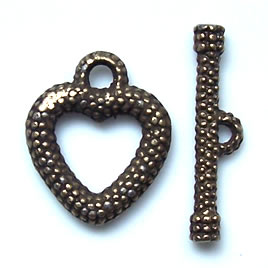 Clasp, toggle, antiqued brass-finished,18x26mm heart. Pkg of 5.