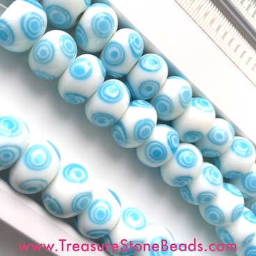Bead, lampworked glass, white, blue, 13x9mm rondelle. Pkg of 6.