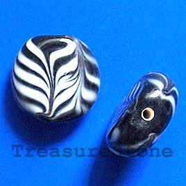 Bead, lampworked glass, black+ white,17x6mm flat round. Pkg of 5