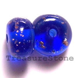 Bead, lampworked glass, blue, 14x8mm rondelle. Pkg of 5