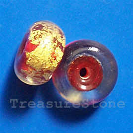 Bead, lampworked glass, red + gold, 13x8mm rondelle. Pkg of 6.