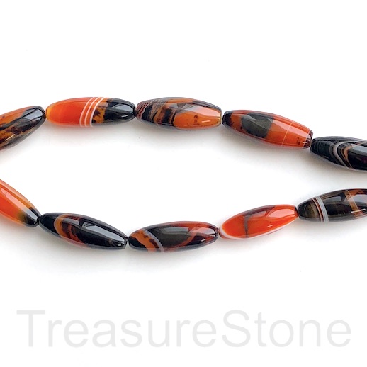 Bead, agate (dyed), 10x30mm oval, black, red. 15.5 inch, 13pcs