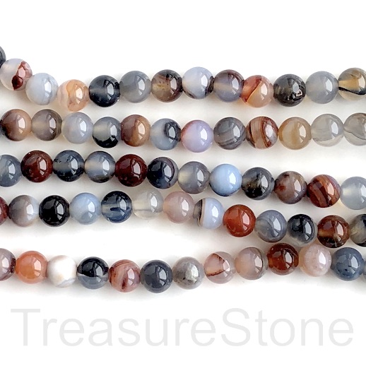 Bead, agate (dyed), blue black red grey, 6mm round, 15", 62pcs - Click Image to Close