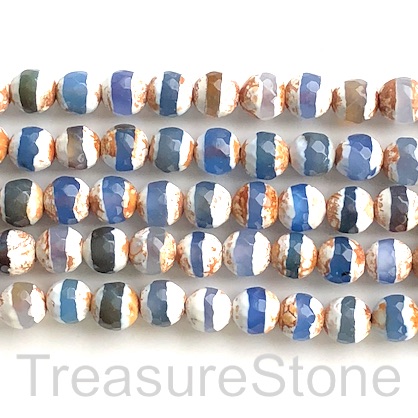 Bead, agate, brown, blue band, 8mm faceted round. 14.5", 46pcs