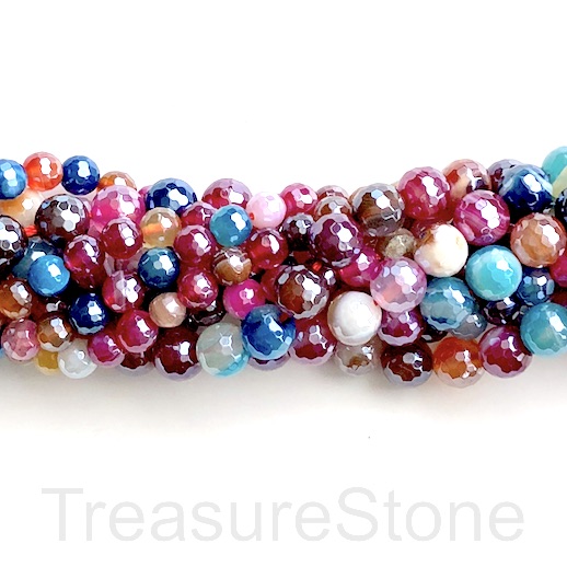 Bead,agate,mixed colour,dyed,6mm faceted round,silver plated.15"