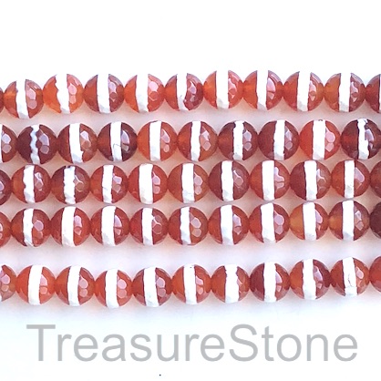 Bead, agate, red, white band, 8mm faceted round. 15", 47
