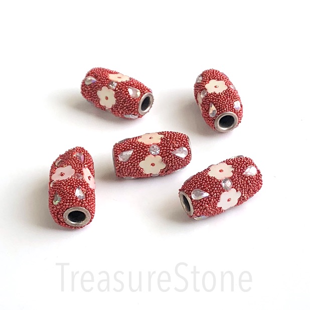 Bead, alloy, inlay, 11x21mm tube, red flower, large hole:4mm. ea