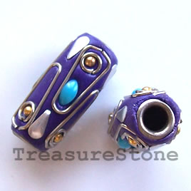 Bead, alloy, inlay, 11x24mm tube, purple, large hole: 4mm. Ea