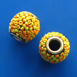 Bead, alloy, yellow orange beaded, 16mm drum, large hole:5mm. ea
