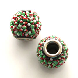 Bead, alloy, green red beaded, 16mm drum, large hole:5mm. each